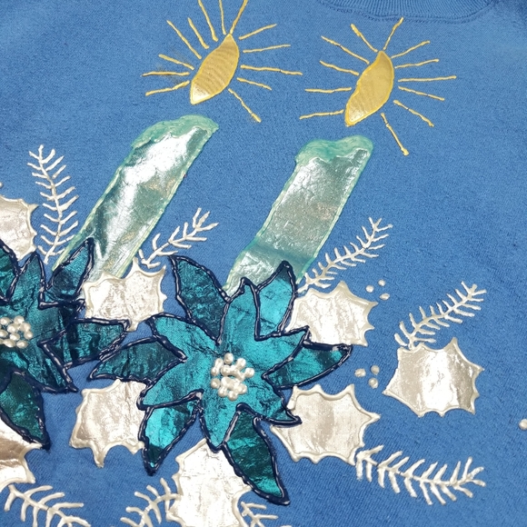 VTG 90's 00's Lee Cute Large Candles Florals Design Blue Crewneck Sweatshirt - Picture 5 of 7